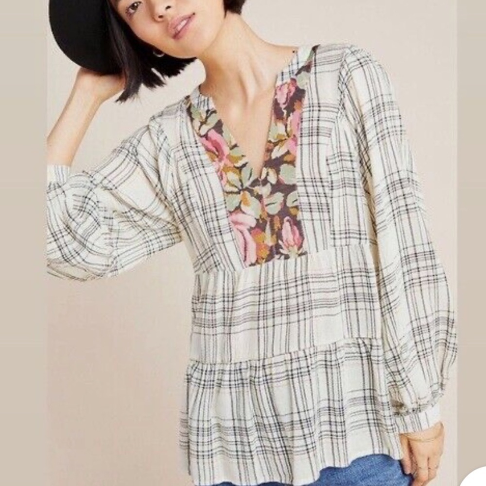 Anthropologie Darlene Plaid Peasant Blouse Top Tunic Metallic Thread Size XS